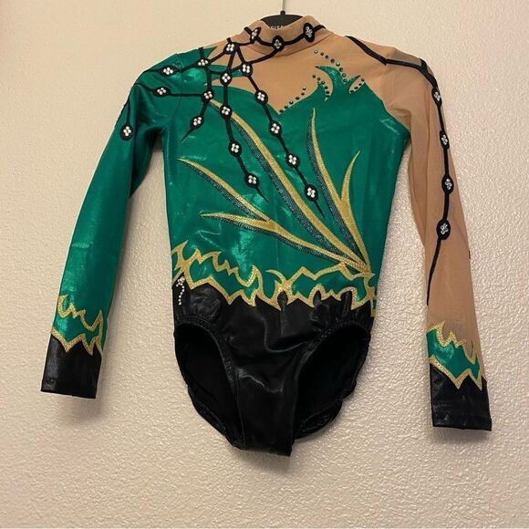 Illusion Custom gymnastics competition leotard long mesh green rhinestone LC - Picture 1 of 10